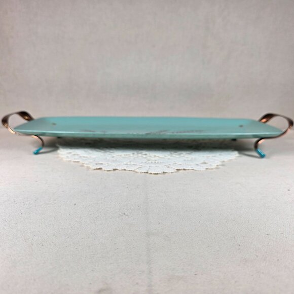 Vintage Turquoise Wheat Motif Enamel Serving Tray With Copper Handles - Picture 3 of 10